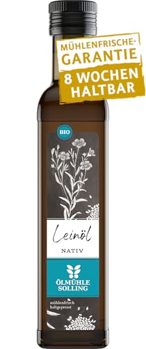 ÖLMÜHLE SOLLING - BIO Leinöl , Täglich mühlenfrisch kaltgepresstes Öl aus Leinsamen. Leinöl mit mildem und nussigem Geschmack. Reich an Omega-3-Fettsäuren, Inhalt: 250 ml