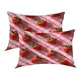 Batmerry Erdbeeren-Picknickdecke, Kissenbezüge, rote Erdbeeren auf karierten dekorativen Bettkissenbezügen, Digitaldruck, Mischgewebe, Schlafzimmer-Set, versteckter Reißverschluss an der kurzen Seite