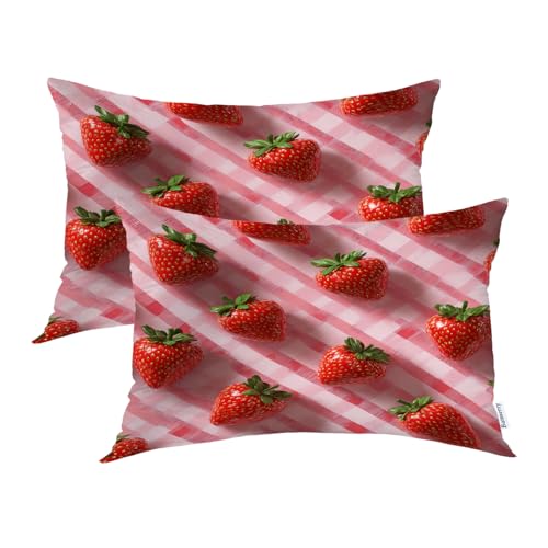 Batmerry Erdbeeren-Picknickdecke, Kissenbezüge, rote Erdbeeren auf karierten dekorativen Bettkissenbezügen, Digitaldruck, Mischgewebe, Schlafzimmer-Set, versteckter Reißverschluss an der kurzen Seite