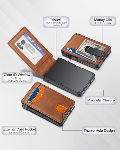 Wallet for Men, Mens Minimalist Wallet 9-13 Cards, Slim Compact Wallet with Money Clip & ID Window, RFID Blocking Smart Pop Up Card Wallet, Metal Aluminum Credit Card Holder Leather Bifold Wallet