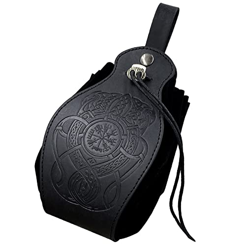 Medieval Viking Belt Pouch Black Faux Leather Belt Bag Retro Portable Drawstring Purse Renaissance Dice Bag for LARP Ren Faire