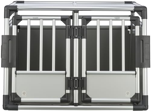 TRIXIE Doppel-Transportbox Aluminium – Hundebox für zwei Hunde bis zu 50 kg, 93 × 64 × 83 cm, mit herausnehmbarer Trennwand, Sicherheitsverschluss vorne & rutschfester Liegematte – 39345