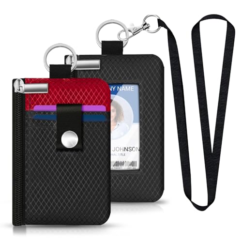 Image of Minimalist RFID Blocking Small Wallet with ID Window,WaterResistant Zip Id Case Wallet with Lanyard Keychain for Cards,Cash,Travel,Women,Men (Black /Red)
