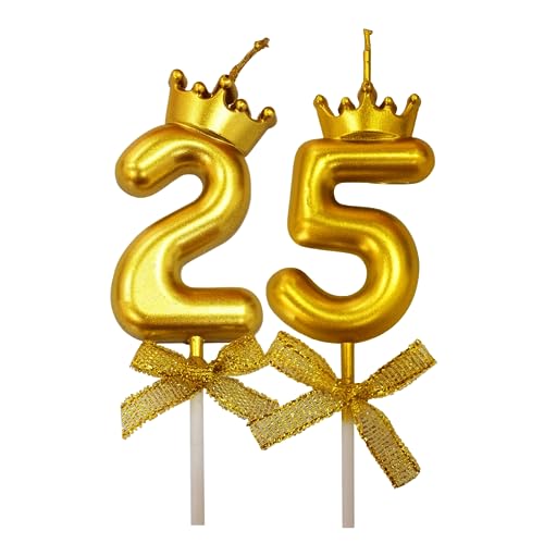 Image of 2 Pc 25 Number Candle for Birthday Cake Metallic Gold Number Candle with Crown on Top for Anniversary Cake Topper 25th Birthday Cake Decoration (Pack of 2, Gold).