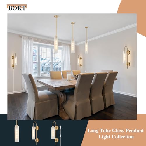 Image of BOKT Mid Century Modern Plug in Wall Sconces Indoor Long Brushed Gold Milk White Glass Sconces Wall Lighting Single Wall Sconce Bathroom Vanity Light Brass Wall Mounted Light Fixture (White)