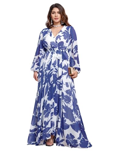 Image of Spring Summer 2024 Plus Size Womens Dresses V Neck Casual Elegant Long Sleeve Floral Print Maxi Dress
