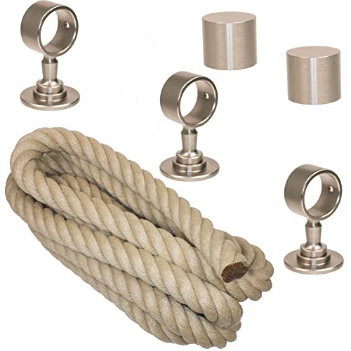 Handlaufseil-Set Ø 30 mm – 3 m Polyhanf-Seil „Nature Touch“ naturfarben mit 2 Endkappen & 3 Seilträgern, vernickelt | Treppe & Geländer