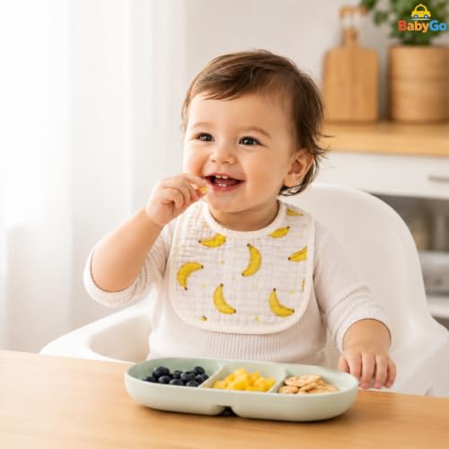 Image of BabyGo Muslin Cotton Baby Bibs | Pure Cotton 8-Layer Gentle & Breathable Feeding Bibs with Cute Cartoon Prints | Soft, Durable & Reusable Drool Bibs for Babies, Kids & Toddlers | Set of 3 (Multicolor)