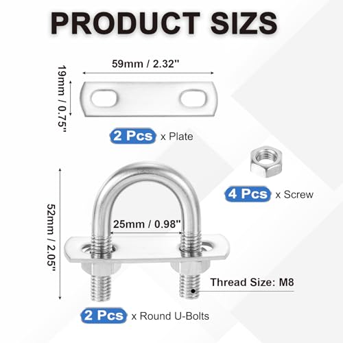 Image of PATIKIL Round U-Bolts, 2 Pcs 0.98 inch(25mm) Inner Width 52mm Length M8 with Nut Plate Washer 304 Stainless Steel Round Bend U-Bolts for Boat Trailer Axle Sailboat