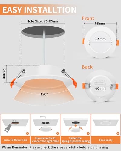 Tomosu LED Recessed Ceiling Lights Dimmable, Cool White 6000K, IP44 LED Downlights Ceiling 5W 450LM, 220-240V, Cut Φ78-85mm, 24mm Ultra Slim for Bathroom Bedroom Kitchen Living Room, 10 Pack