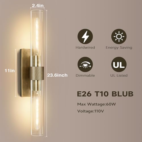 Image of Wall Sconces Set of Two, Gold Bathroom Sconces Wall Lighting with Clear Glass, Modern Sconces Wall Decor Light Fixtures for Bathroom Mirror Living Room Hallway Bedroom