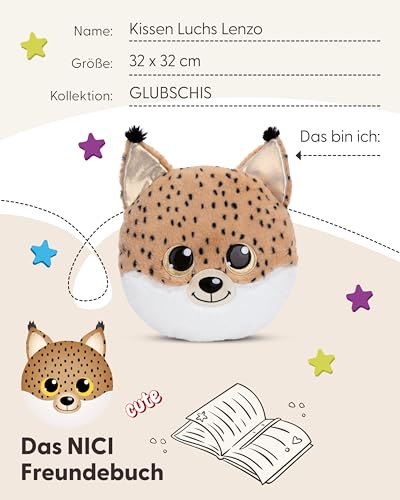 NICI Kuscheltier Kissen GLUBSCHIS Luchs Lenzo 32 x 32 cm - Flauschig-weiches Kuschelkissen für Babys & Kleinkinder, Kinderkissen für Jungs & Mädchen - 61369