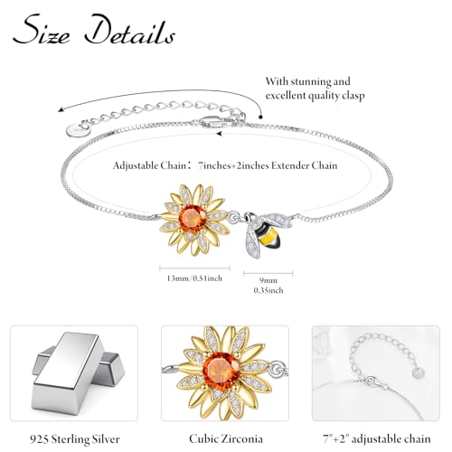 Dreamboat Gold Sunflower Bracelets for Women Bee Bracelet Cute Animal Bracelets Gold Flower Bracelet Adjustable Sterling Silver Bracelets Bee Jewelry Honey Bee Gifts3