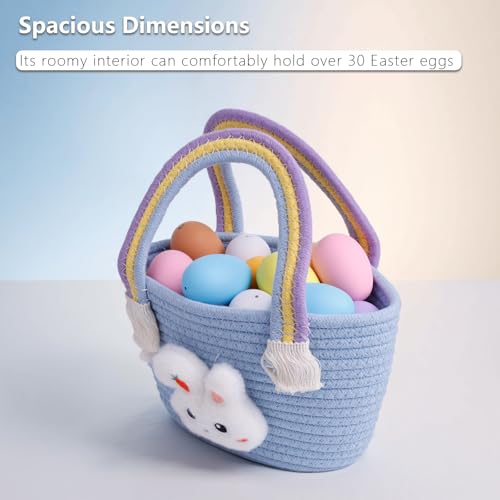 Image of Exun Bunny Basket for Kids, Cute Cotton Tote Bag Hand-Woven Handbag with Rainbow Handles, Easter Egg Hunt Basket Bags for Boys, Girls, Toddler, Babies, Easter gift basket Personalized (Blue)