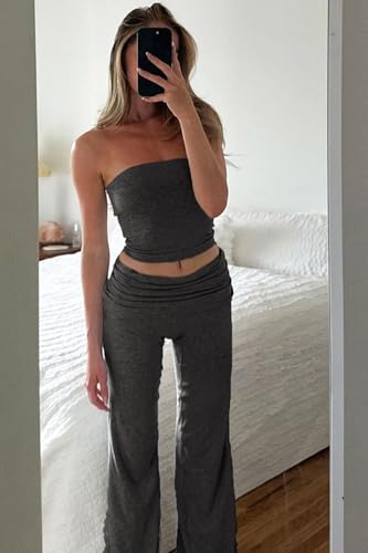Image of Sexy Women's 2 Piece Lounge Sets Pajama Outfits Casual yoga Crop tube Top High Waist Wide Leg Foldover Flare Pants
