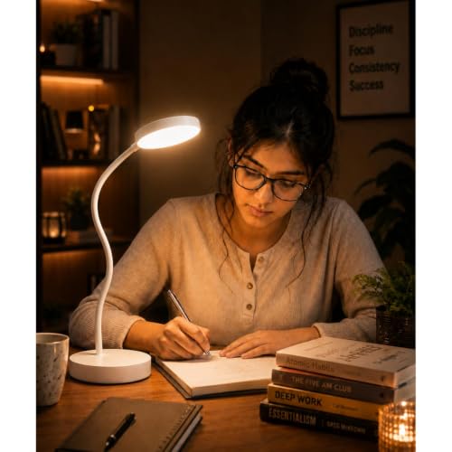 Image of Kimee LED Study Light for Desk with Stationery Organizer & Mobile Holder - Cordless Table Lamp for Students & Work from Home - 3 Modes Eye Protection Reading Lamp (MINI Round, Regular)