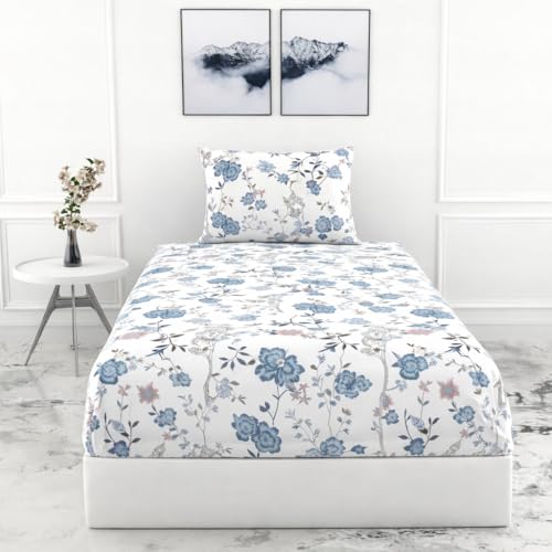 Image of Blue Strip Polycotton Fitted Bedsheet, Single 42x75 (WhiteBlue Gulab) | 300 TC | All-Round Elastic Grip | Soft, Breathable & Colourfast | Wrinkle Resistant | Machine Washable