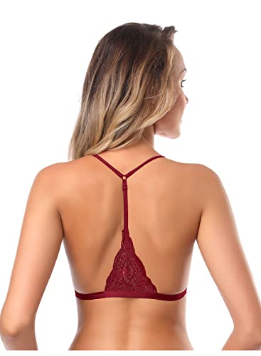 Image of SHEKINI Women's Embroidered Triangle Bra Front Closure Plunge Wireless Lightly Lined Lace Bralette Top