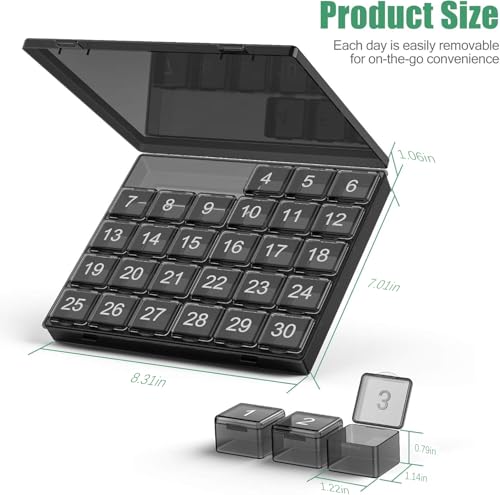 Image of Monthly Pill Organizer Once a Day - 30 Day Pill Organizer Box - Squeeze to Open - Large Compartments Portable Case for Travel, Month Pill Cases Medicine Organizer for Vitamin (Black)
