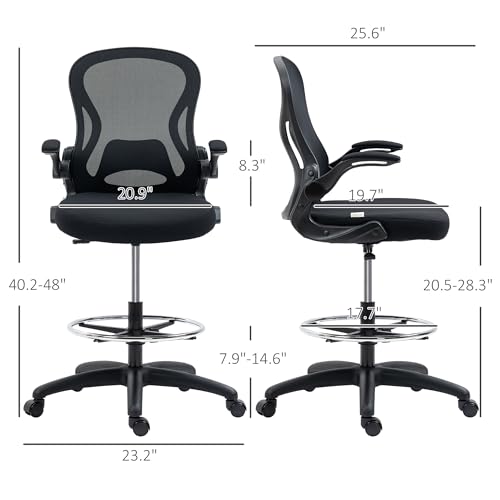 Image of Vinsetto Standing Desk Chair, Ergonomic Drafting Chair with Flip-up Armrests, Tall Mesh Office Chair with Lumbar Support, Adjustable Footrest Ring and Seat Height, Black