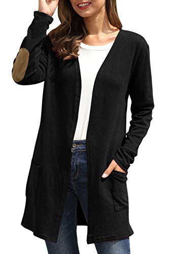 Winter Cardigan Womens Long Sleeve Elbow Patch Casual Kimono Outwear Black S