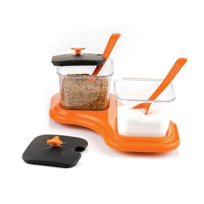 Brilliant Tech DINING TABLE STAND 2 PCS PICKLE JAR SPICE TRAY SPOONS VIRGIN PLASTIC KITCHEN STORAGE CONTAINER SERVING SALT PEPPER SAUCES CHUTNEY MASALA MUKHWAS AACHAR