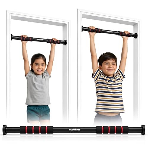 Image of Kidsmate Hanging Rod and Pull Up Bar for Kids | Exercise Rod for Kids & Adults | 100 Kg Capacity | Stretching Bar for Growth, Posture & Exercise | No Drill Installation with Safety Lock - Black