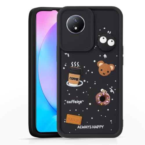 Image of Bintage Cute Fun Taddy Cartoon 3D Ball Bear Milk Donut Coffee Cup Silicon Case Full Body & Camera Protection Back Cover Compatible for Vivo Y02t - Black