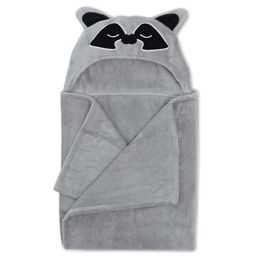 Image of Natemia Premium Ultra Soft Hooded Baby Towel - Grey Raccoon Animal Design - Newborn to Toddler - Made in Turkey
