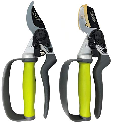 Davaon Pro Bypass and Anvil Secateurs Set - Less Strain Effort Rotating Handle Garden Hand Pruners, Sharp SK5, Ergonomic Comfort Soft Grips - Finger Protection - Heavy Duty Pruning Gardening Tools