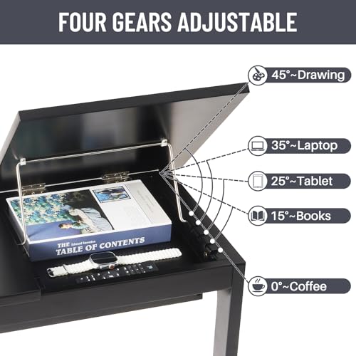 Image of Uniclinens C Shaped End Table for Couch, Rolling Side Table with Wheels Adjustable, Solid Wood TV Sofa Arm Eating Tray Table for Multi-Purpose, Small Coffee Table Living Room Bedroom, Black
