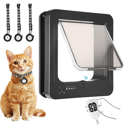 Smart Cat Door with 3 Collar Sensor, RFID Cat Door Collar Activated with Remote Control, 4 Way Locking Cat Flap Automatic Pet Door