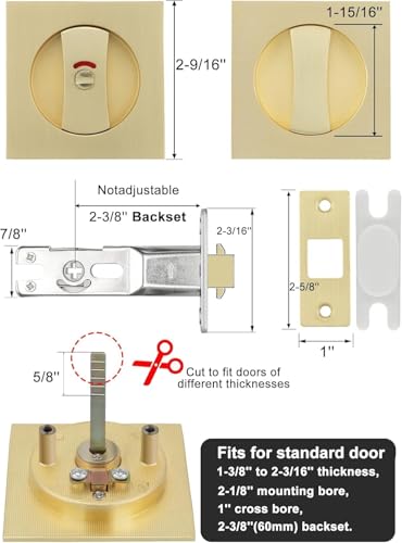 Image of Goldenwarm Brushed Gold Pocket Door Locks for Bathroom with Indicators, Square Pocket Door Hardware for Pocket Door, Gold Sliding Pocket Door Handles 2-3 /8 inch Latch 1 Pack