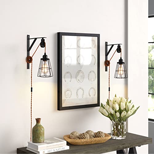 Yilynn Industrial Rustic Cage Wall Lamp Bracket Pulley Lights Fixture, Farmhouse Pendant Lamp Adjustable Hanging With Plug In Cord - Retro Wall Sconce For Indoor Living Room Restaurant (2-Pack) #TOP2