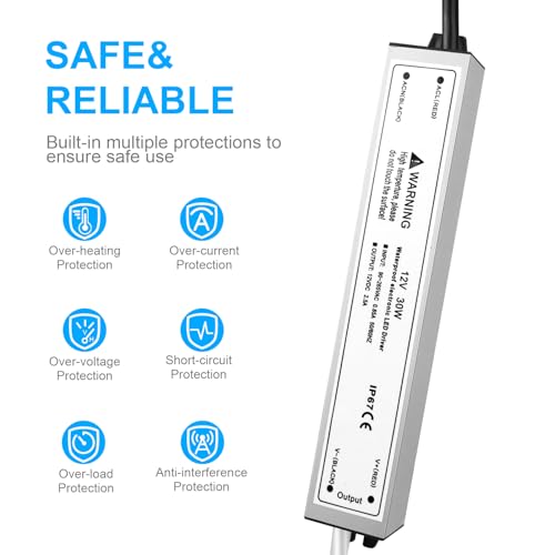 LightingWill LED Driver 30 Watts Waterproof IP67 Power Supply Transformer, 90-265V AC to 12V DC Low Voltage Output, Adapter with 3-Prong Plug 3.3 Feet Cable for Outdoor Use, Computer Project