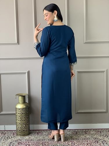 Image of Women's Viscose Chanderi Solid 3 /4 Sleeve Round Neck Embroidered Kurta, Pant and Dupatta-Petrol-JT-058