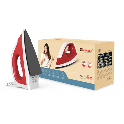 Image of Goldmedal Optra DX 1000W Dry Iron| Non-stick Weilburger Premium Coated Soleplate | iron for clothes | 5 Fabric Setting| Thermal Safety | Shock-Proof Body | Uniform Heating | Light Weight (Red- White)
