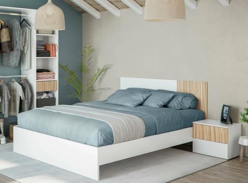 Dmora - Testiera letto Yuma, Testata letto con 2 comodini, Set per camera da letto, 266x34h89 cm, Bianco e Rovere