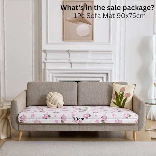 Image of HOMETHREADS Anti-Skid Sofa Protector Mat: Premium Printed Cotton Slipcover with Strong PVC Non-Slip Backing, (White Pink, 1 Seater Large| 90x75cm)