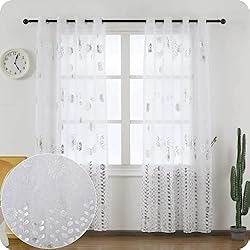 Cortinas Laminas Salon Dalina Textil - Cortina Salón Dormitorio Translúcido con diseño de Flores Plateadas - Visillos Transparente 2 Unidades 140x260cm para Salón Dormitorio Sala de Estar (Blanco con Plateado)