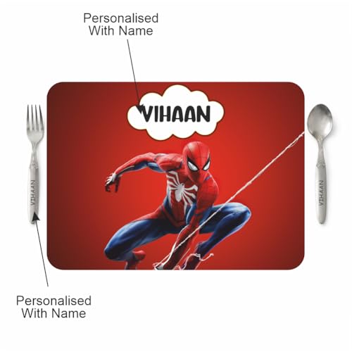 Image of Customized Table Mat with Name & Design Engraving | Personalized Dining Mat with Spoon & Fork | Customized Birthday Gift for Kids (Spidermen)
