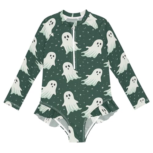 CaTaKu Girls One Piece Swimsuit Ghosts Halloween Spooky Toddler Bathing Suit Long Sleeve UPF 50+ Rash Guard Swimwear 3-12Y