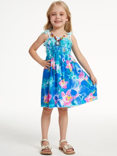 Hawaiian Dresses for Girls Smocked Beach Sundress Floral Summer Dress with Necklace2