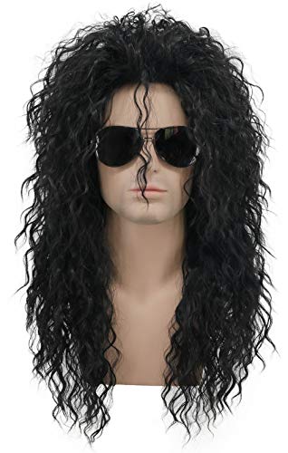 Karlery Men Long Curly Black 70s Heavy Metal Rocker Wig 80s Wig Costume Anime Wig