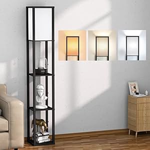 Floor Lamp Living Room, LED Floor Lamp with Wooden Shelf, 3 Colour Temperatures E27 Bulb, 1.62 m Modern Floor Lamp with 3 Wooden Shelves, Black Floor Lamp for Decoration Living Room Bedroom Office