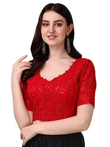Pujia Mills Women's Georgett Lucknowi Embroidery Puff Sleeve Tie UP Blouse (Lucknowi Tie) (Red, 38)