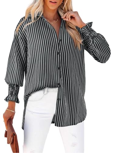 Womens Button Down Striped Tunic Blouse Puff Long Sleeve Oversized Boyfriend Shirt V Neck High Low Hem Collar Dressy Business Casual Fashion Fit Perfect for Work Outfits Black Striped Large