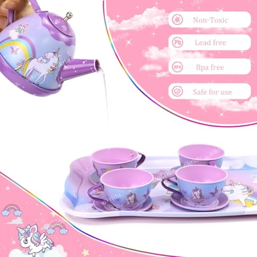 Image of VikriDA 48Pcs Tea Set, Kids Pretend Toy Tin Tea Set and Carrying Case,Rainbow Magic Unicorn Design for Girls Princess Boys 3-6