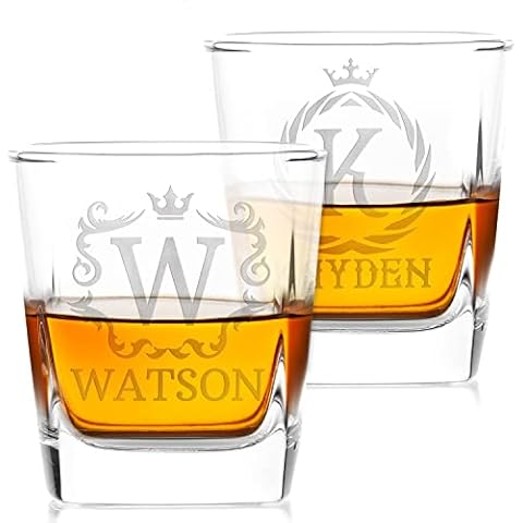 Customization Mill Set of 2, Monogrammed Whiskey Rocks Glasses w/Name & Initial - Whiskey Gifts for Men - 9 Designs - Personalized Bourbon Whiskey Glasses Cover