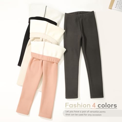 4 Pack Girls Fleece Lined Leggings Kids Winter Warm Pants Girls Thick Basic Solid Full Length Pants3
